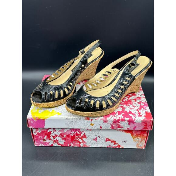 Chinese Laundry Patent Leather Wedges Cork Heel Sling Strap Size 8M Festival - Picture 1 of 9